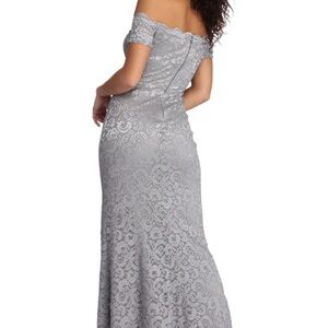 Windsor Elegant Gray Lace Off-Shoulder Dress